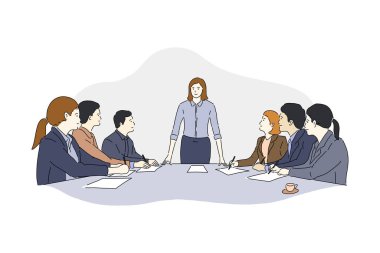 İş adamlarıyla tanışmak, takım çalışmasının vektör çizimi, ofis çalışanlarının beyin fırtınası, şirket stratejisini tartışmak. Düz tasarım çizimi