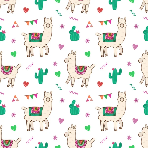 Vector Lama Alpaca Cactus Floral Seamless Pattern Ручной Рисунок Элементов — стоковый вектор