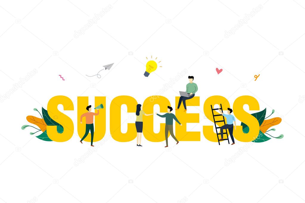 Success concept illustration, business marketing, finance, flat design of tiny people around big word success, suitable for background, landing page, advertising illustration