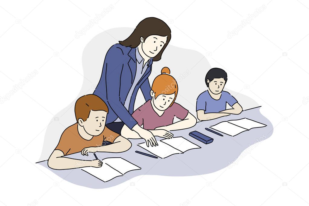 Teacher teaching kids/pupils during school lesson concept design vector flat illustration. Education, studying children, classroom activity vector illustration  
