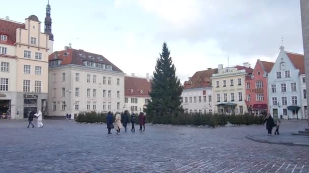 Raekoja plats (inglés: Town Hall Square) Tallinn, Estonia, 9.2.2020 es una plaza junto al ayuntamiento de Tallin (estonio: Raekoda) en el centro del casco antiguo de Tallin en Tallin , — Vídeos de Stock