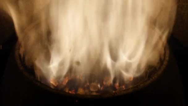 Nahaufnahme von brennenden Holzpellets mit Feuerflammen. Holzofenheizung mit im Vordergrund liegenden Holzpellets - wirtschaftliches Heizungskonzept — Stockvideo