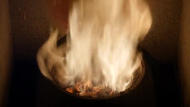 Pellets in Flammen - Eiche Biomasse aus nächster Nähe: Heizen - erneuerbare Energie aus Holzpellets Holzofenheizung ist wirtschaftliches Heizungskonzept — Stockvideo