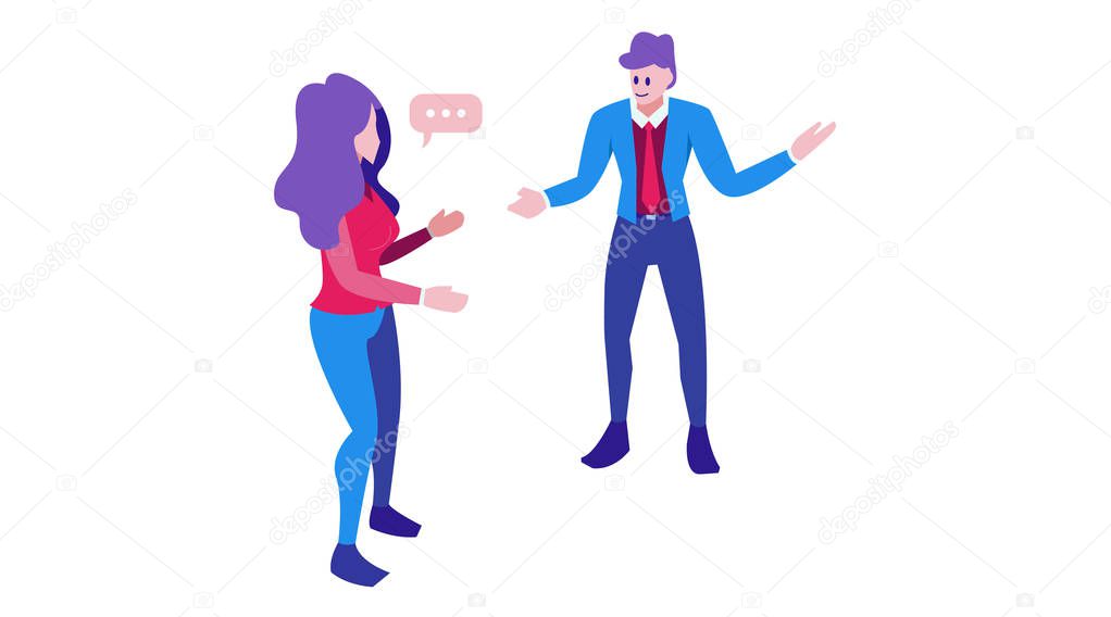 a woman asks a man who shows direction. flat verbal communication character design.