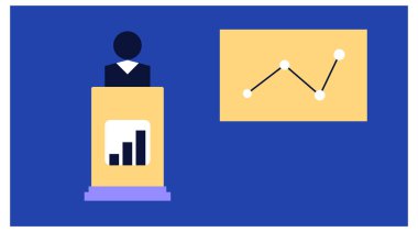 Bir iş ve finansal ev sahibinin siluet vektör çizimi. duvar panolarında bilgi grafiklerini göster. Podyumda bir poz vererek..