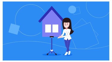 İpotek teması için pankart. Ev şablonu şeklinde reklam alanı sunan bir kadın satış elemanı çizimi.