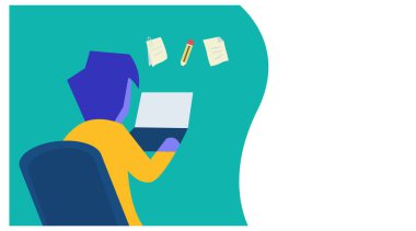 İniş sayfası şablonu dizüstü bilgisayar kullanarak karakterleri öğrenir. Girişimciler dizüstü bilgisayar kullanır.