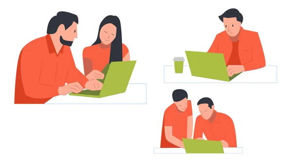 Vector of people sitting using a laptop. two people working together. modern lifestyle using technology. — Stock Vector
