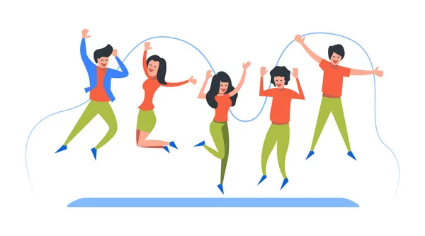 Concepto motivacional para landing page. Plantilla para sitio web o página web con elegante ilustración vectorial moderna. Grupo de jóvenes y alegres saltando y bailando con las manos levantadas . — Vector de stock