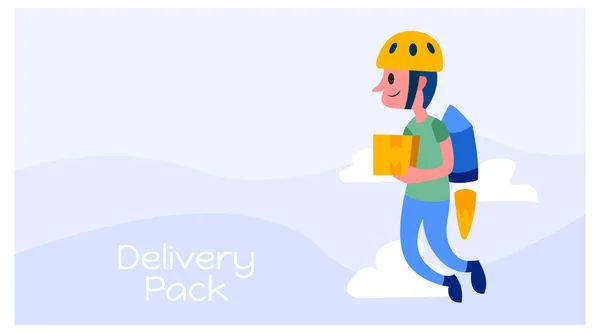 Ilustración de un mensajero entregando paquetes usando jetpack. logística negocio mascota diseño . — Vector de stock