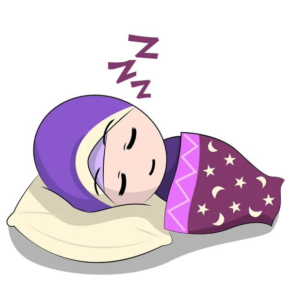 Cartoon chibi muslimische weibliche Figur. Schlafen mit Kissen und Decken. — Stockvektor