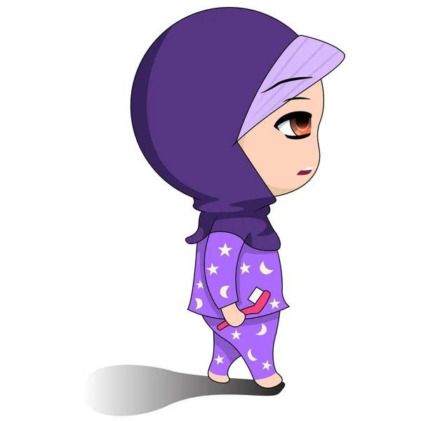 Karakter kartun wanita Muslim Chibi. Kegiatan harian untuk menyikat gigi . - Stok Vektor