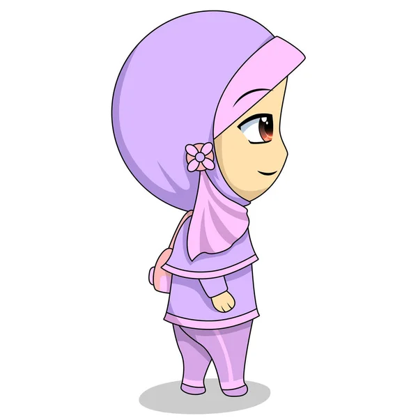 Desenho animado chibi muçulmano personagem feminino. ilustração andando sozinho saindo para a escola carregando um saco . —  Vetores de Stock