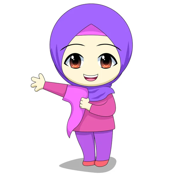 Chibi muslimischen weiblichen Zeichentrickfiguren. Tägliche Aktivitäten der Kinder, üben das Tragen ihrer eigenen Kleidung. — Stockvektor