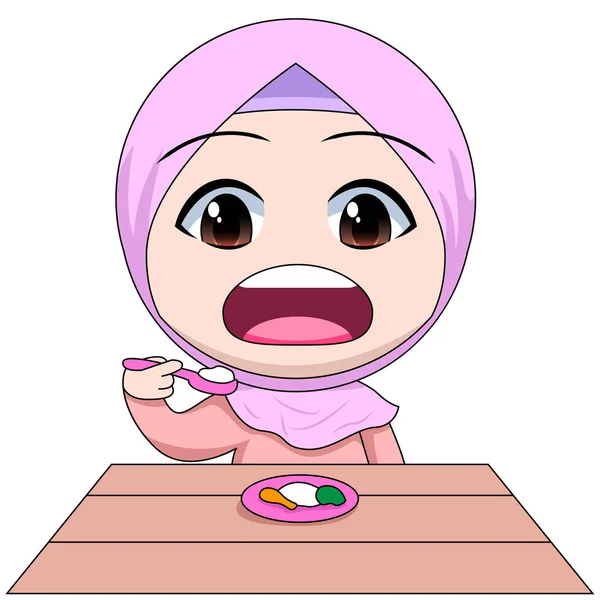 Chibi穆斯林女卡通人物。 用勺子吃饭。 饥饿，补充能量. — 图库矢量图片