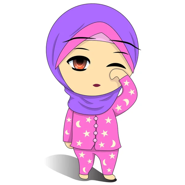 Karakter kartun wanita Muslim Chibi. ilustrasi sudah bangun. mata mengantuk . - Stok Vektor