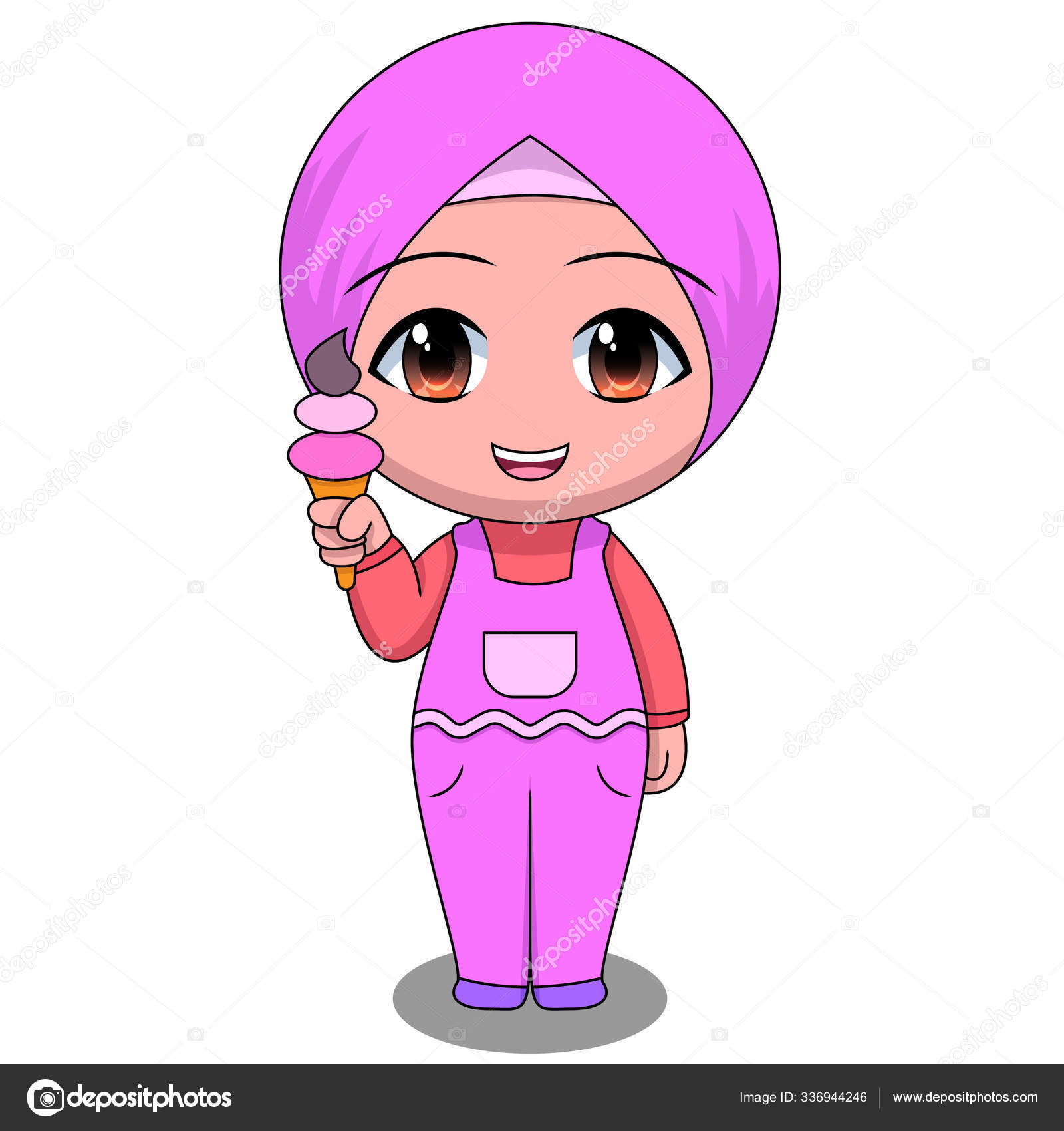 Karakter Kartun Wanita Muslim Chibi Senyum Bahagia Makan Es Krim Gadis Cantik Stok Vektor Meijabalstudio 336944246