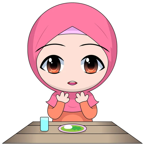 Personagem mulher muçulmana chibi desenhos animados. rezar antes de comer. ser grato por comida no Islã . —  Vetores de Stock