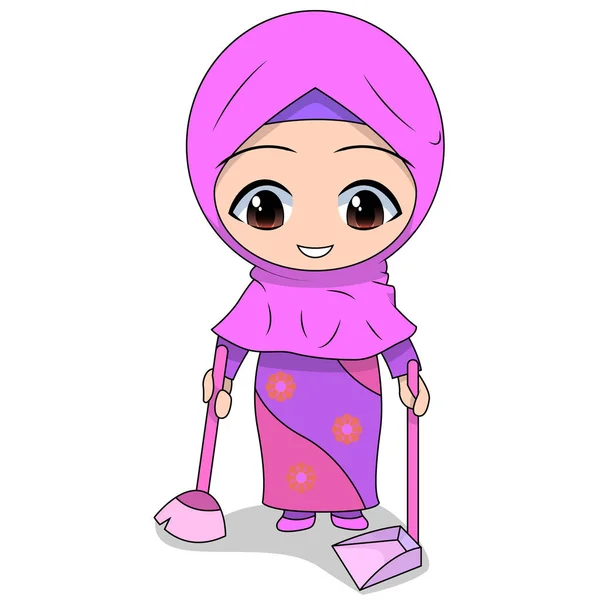 Broom Cute Muslim Children Cartoon Cartoon Children Daily Fun Activity — Stock Vector