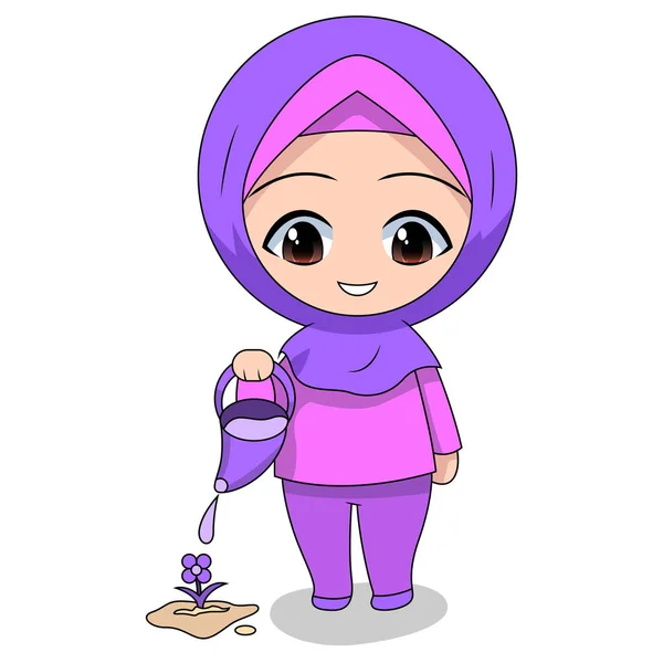 可爱的穆斯林儿童 有趣的日常活动 一个快乐女人的卡通形象 — 图库矢量图片