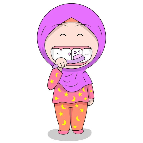 Crianças Muçulmanas Bonitos Escovação Dentes Atividades Diárias Divertidas Vetor Personagem —  Vetores de Stock