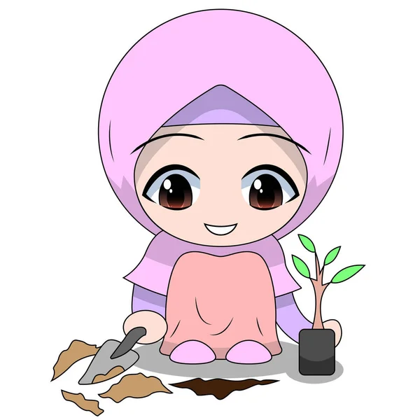 Cute Muslim Children Planting Kegiatan Sehari Hari Yang Menyenangkan Vektor - Stok Vektor