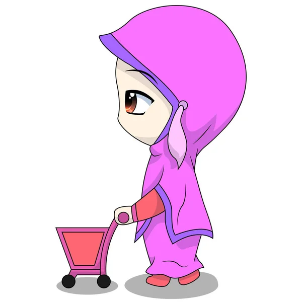 可爱的穆斯林孩子 推购物篮 有趣的日常活动 一个快乐女人的卡通形象 — 图库矢量图片
