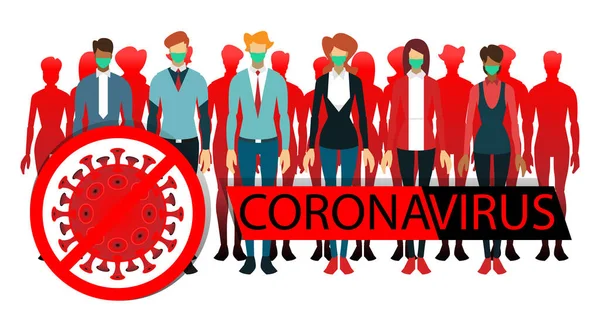 Coronavirus Εικόνα Επίπεδη Χρώμα Άνθρωποι Φοράνε Μάσκες Ιός — Διανυσματικό Αρχείο