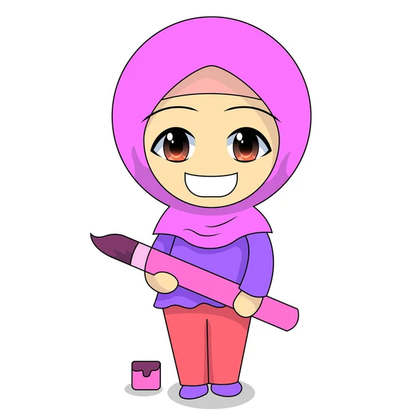 可爱的穆斯林儿童卡通片 每天的娱乐活动 快乐的女性卡通角色 — 图库矢量图片