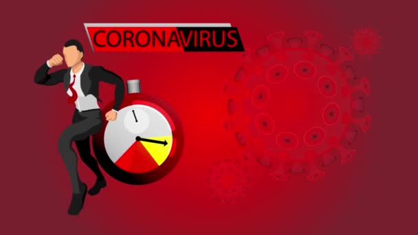 科罗纳病毒传播的生动例证 商人带着一个移动的秒表跑了 被考罗纳威斯微生物追赶着 运动图形风格 — 图库视频影像