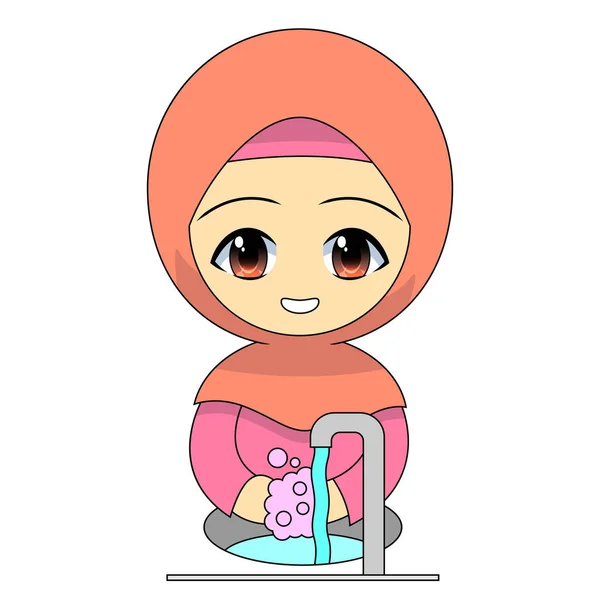 卡通穆斯林女孩用肥皂洗手 日常活动保持着愉快的个人卫生 有趣的字符矢量说明 — 图库矢量图片
