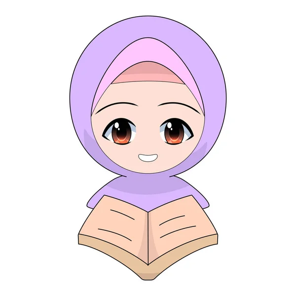 卡通穆斯林女孩阅读一本书或 古兰经 每天的娱乐活动 有趣的字符矢量说明 — 图库矢量图片