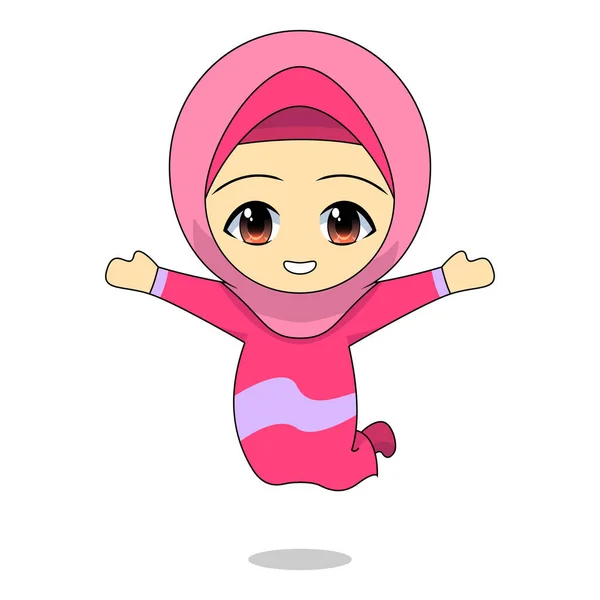 Kartun Muslim Gadis Melompat Bahagia Kegiatan Sehari Hari Ceria Ilustrasi - Stok Vektor