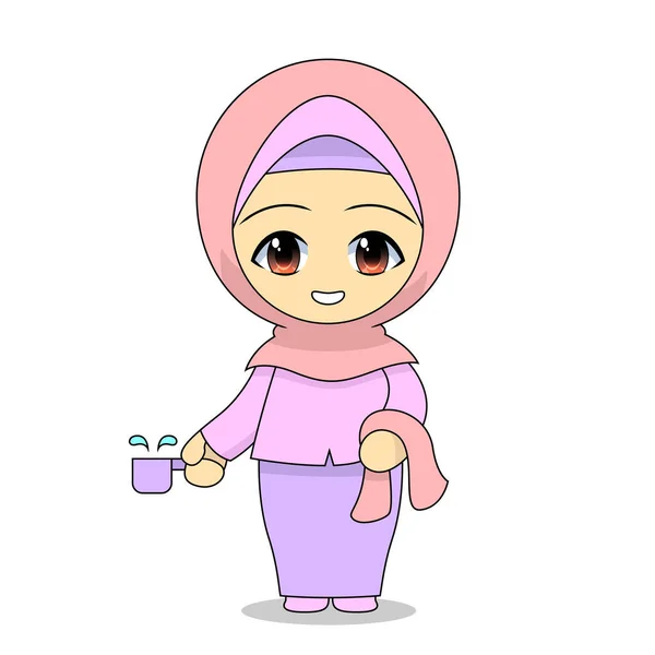 Gadis Muslim Mandi Kartun Kegiatan Menyenangkan Setiap Hari Ilustrasi Vektor - Stok Vektor