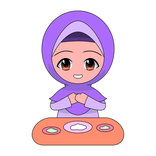 卡通穆斯林女孩吃 每天的娱乐活动 给孩子们的有趣的矢量图解 — 图库矢量图片