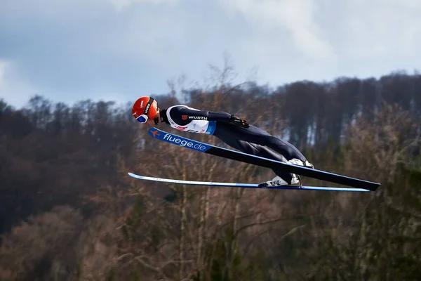 Rasnov Romania February Unknown Ski Jumper Competes Fis Ski Jumping — Stock Photo, Image