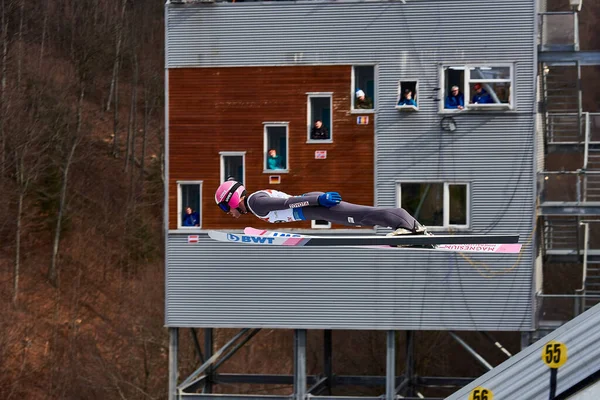 Rasnov Romania February Unknown Ski Jumper Competes Fis Ski Jumping — Stock Photo, Image