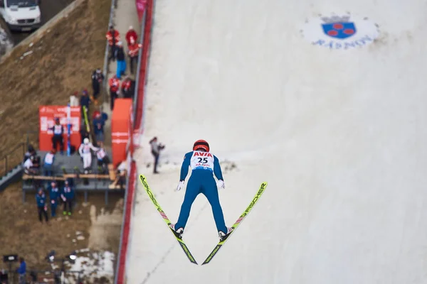 Rasnov Rumänien Februar Unbekannter Skispringer Tritt Beim Fis Skisprung Weltcup Stockfoto