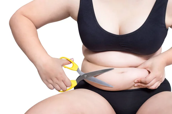 Fat woman cut belly fat plastic surgery liposuction concept isolated on white — Stock Photo, Image