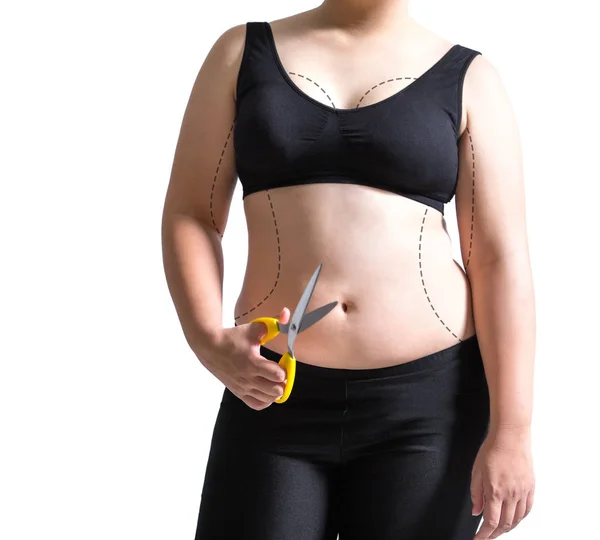 Fet kvinna plastikkirurgi mark hand skära kroppen fett fettsugning koncept — Stockfoto