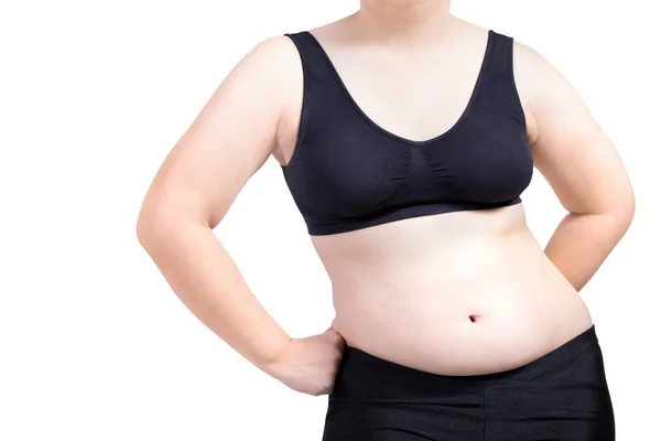 Femeie grasă arată corpul obez pozează izolat pe alb — Fotografie, imagine de stoc