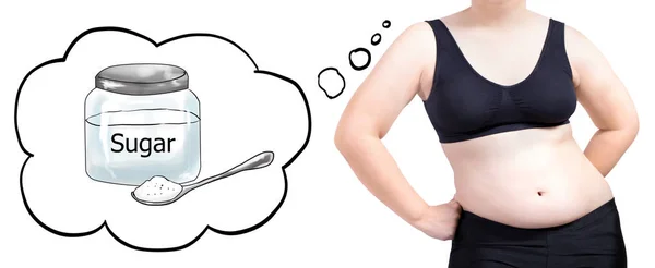 Fet kvinna tänkande bubbla socker diet matkoncept isolerad på vit — Stockfoto