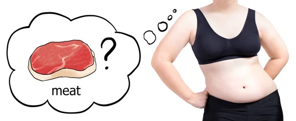 太った女性思考バブル食品肉ダイエット コンセプト白で隔離 — ストック写真