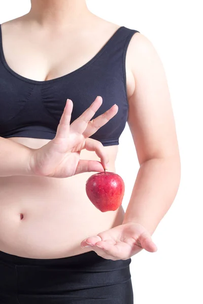 Fat woman asian hold apple healthy concept isolated on white — Stock Photo, Image