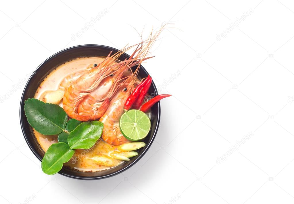 Tom Yum Goong traditional thai food cuisine in Thailand on white