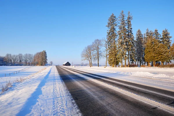 Winter highway with snowy trees and a cottage — Stock Photo, Image