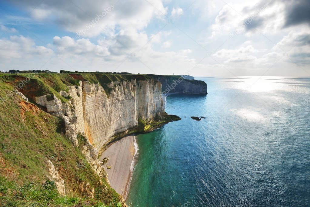 View of Etretat white cliffs in Normandy