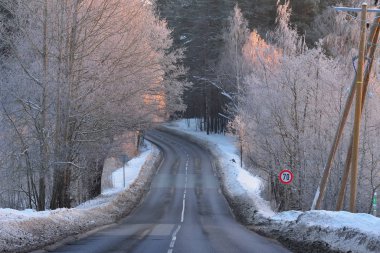 Yokuş aşağı orman karayolu kışın işaretiyle