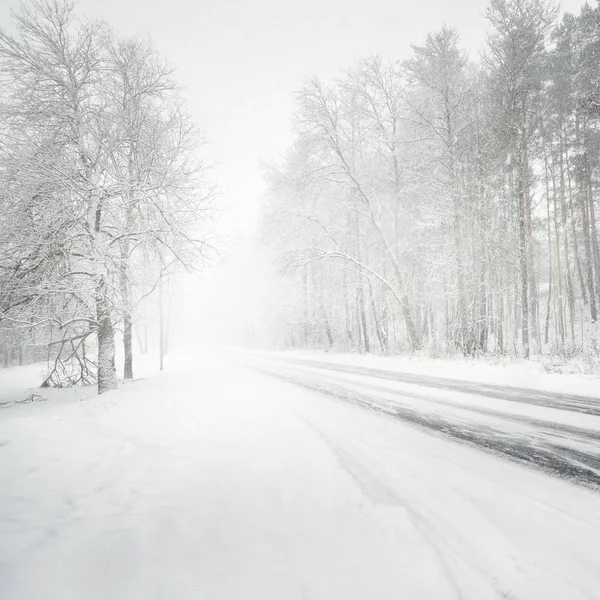 Śnieżna zima droga podczas blizzard — Zdjęcie stockowe