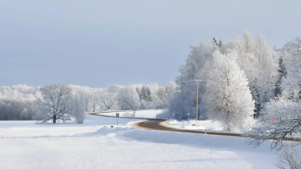 Route rurale en forme de S à travers un pays des merveilles hivernal — Photo